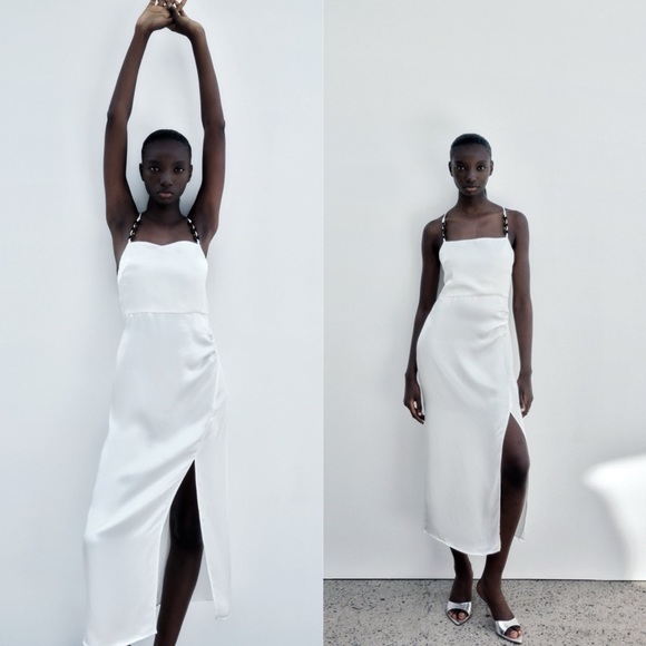 Zara Dresses & Skirts - NWT Zara Women’s Chain Strap Satin Effect Straight Neck White Midi Dress Size XL